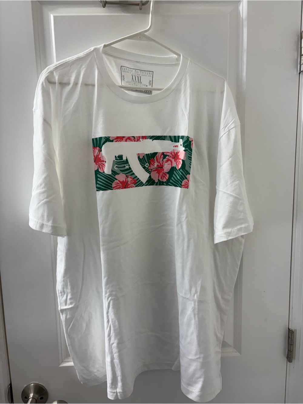 Savage Tacticians Men's White Short-Sleeve Tee with Green & Pink Floral Graphic